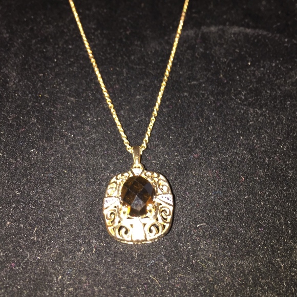 Unique faceted Cognac Quartz with Two Diamond accents with filigree detail 18K/S - Picture 5 of 6